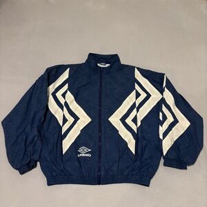 Vintage Umbro Windbreaker Jacket Navy Blue White Geometric XL Full Zip Coat AOP